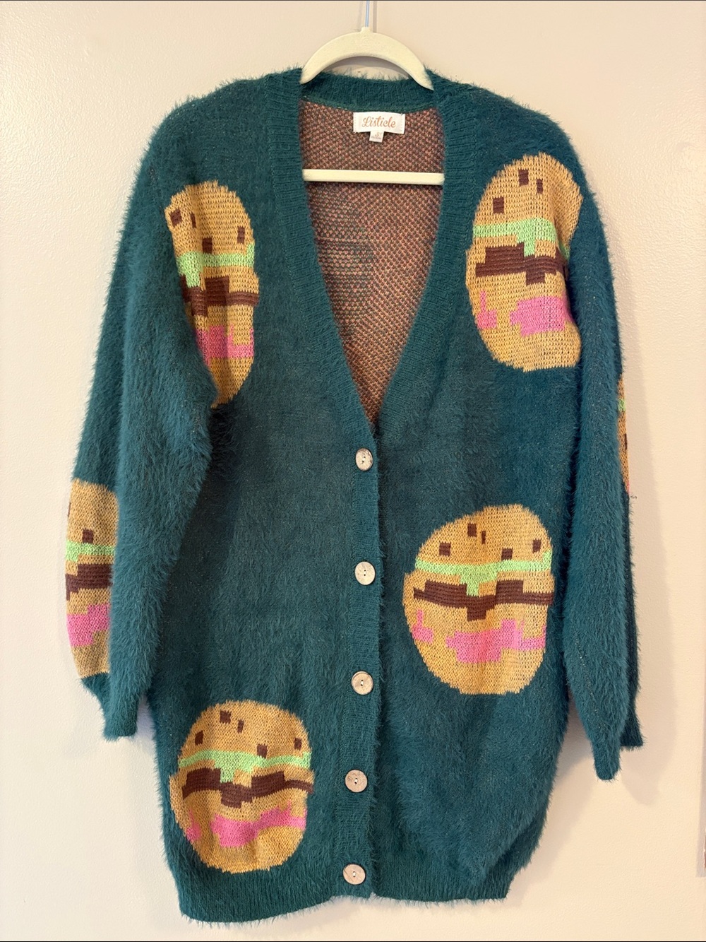 Listicle Fuzzy Hamburger Burger Graphic Cardigan Sweater Teal S